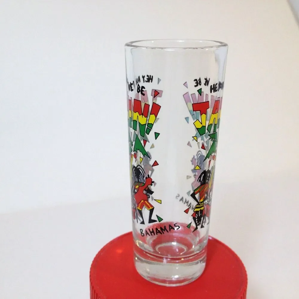 Vintage Bahamas Hey Mon We Be Jammin Shooter Shot Glass Embossed Designs